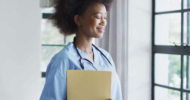 Smiling Healthcare Professional With Medical Folder and Stethoscope in Bright Room - Download Free Stock Images Pikwizard.com