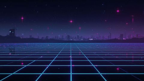 Neon retro glowing cyan grid leading to futuristic city skyline with synthwave stars