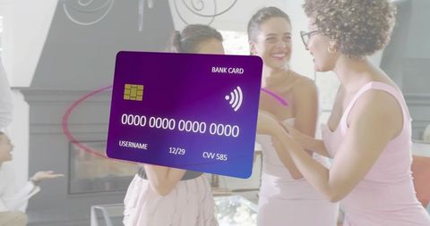 Contactless Payment Concept Featuring Purple Bank Card Overlay and Friends Celebrating