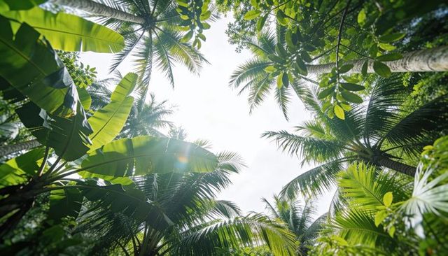 Sunlit tropical canopy forming radial palm crowns and banana leaves over lush rainforest
