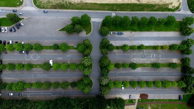 Overhead view of an empty parking lot with symmetrically arranged trees providing an orderly and aesthetic appearance. Suitable for urban planning concepts, city infrastructure presentations, and discussions on efficient parking design.