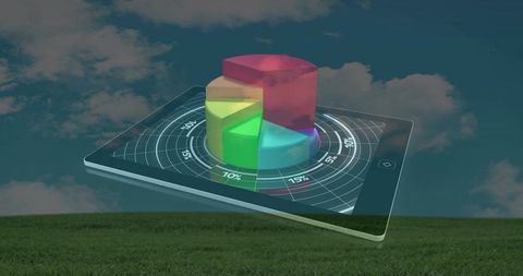 Floating tablet displaying holographic 3D pie chart over grassy meadow and blue sky