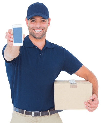 smiling delivery man displaying smartphone with transparent background - Download Free Stock Videos Pikwizard.com