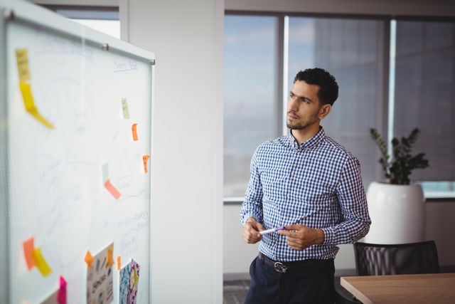 Executive standing in modern office, thoughtfully analyzing notes and ideas on whiteboard. Ideal for business strategy, corporate planning, project management, and professional brainstorming concepts.