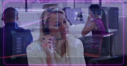Smiling call center agent using high-tech interface