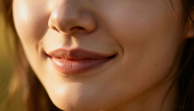 Close-up smiling adult female lower face in warm golden light with natural lips and skin