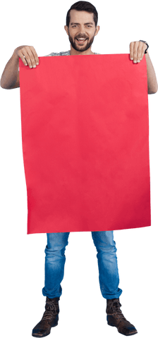 smiling man holding red blank cardboard with transparent background - Download Free Stock Videos Pikwizard.com