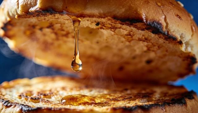 Toasted bun halves dripping amber syrup droplet macro closeup with charred crust and steam