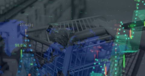 Digital financial data overlaid on supermarket shopping cart