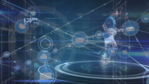 Rugby Player Running Through Futuristic Digital Interface