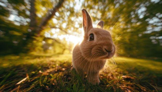 Grazing light-brown baby rabbit facing camera in sunlit meadow with rimlight bokeh