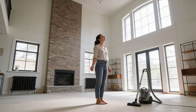 Standing barefoot in sunlit two-story living room with vacuum and fireplace