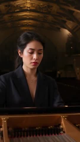 Vertical video: Pianist rehearsing on grand piano in elegant auditorium for recital performance