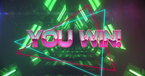 Bright Neon 'You Win!' Celebration in Futuristic Tunnel