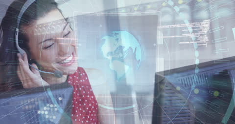 Smiling Businesswoman Using Headset with Futuristic Global Interface