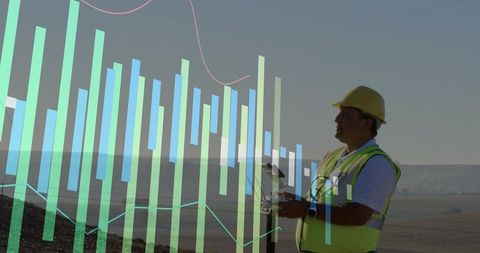 Field Technician Conducting Geospatial Survey Holding Tablet with Data Analytics Overlay