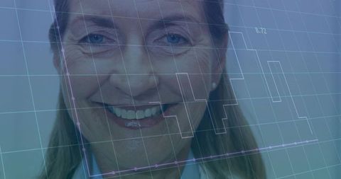 Smiling senior clinician wearing lab coat with digital health analytics overlay