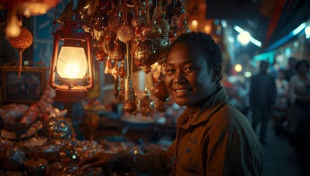 Smiling Vendor Displaying Handmade Brass Ornaments in Lively Night Market