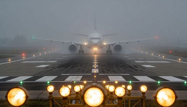 Head-on commercial jet taxiing on foggy runway with blazing landing lights and runway guidance