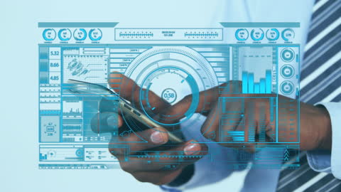 Businessman Interacting with Virtual Touchscreen Interfaces