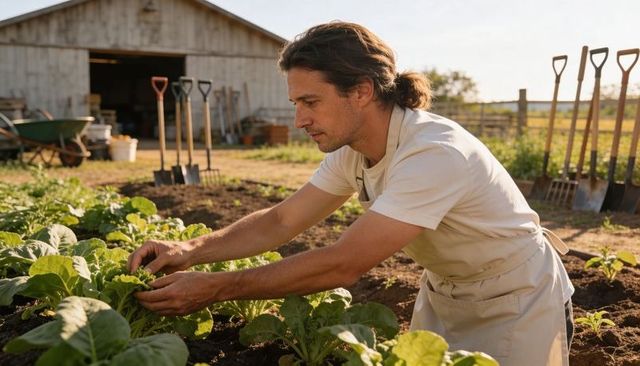 Male Gardener Tending Lettuce Rows at Sunlit Barn Garden Wearing Apron, Inspecting Greens