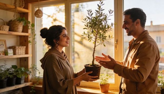 Couple choosing potted olive sapling in sunlit plant shop sharing urban gardening moment