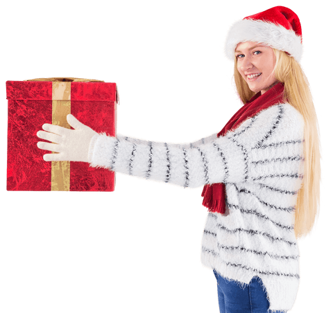 Festive woman holding christmas gift package on transparent background