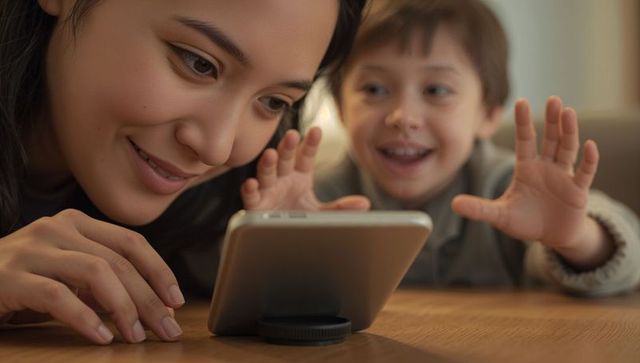 Smiling parent leaning over table as child reaching smartphone on stand for playful bonding