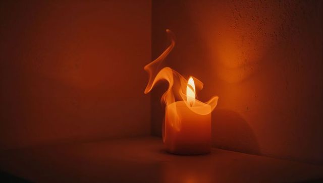 Warm glow of candle flame with delicate smoke in cozy corner