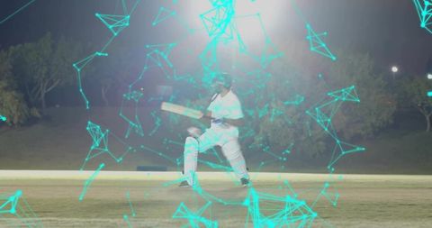 Night cricket batsman batting under floodlights with turquoise digital network overlay