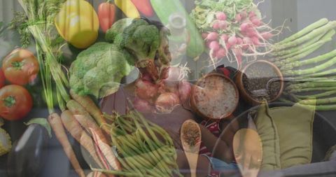 Mother and Child Double Exposure Blending Cozy Bond with Fresh Vegetables and Home Cooking