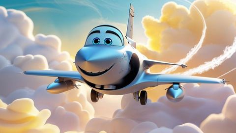 Anthropomorphic f16 jet plane navigating through puffy clouds in deviant style
