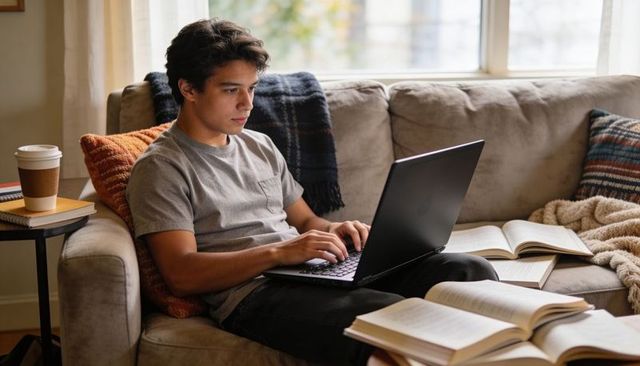 Teen studying and typing on laptop on sofa with open textbooks and coffee, cozy study