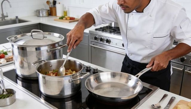 Chef stirring simmering sauce on stainless stove with stockpot and frying pan