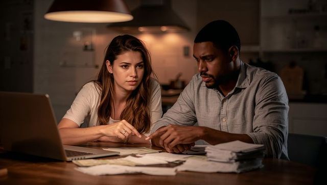 Young couple reviewing bills at kitchen table late night budgeting and managing finances