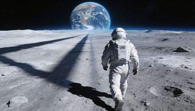 Lone Astronaut Walking on Moon Toward Rising Earth on Horizon, Long Shadows, Futuristic Exploration