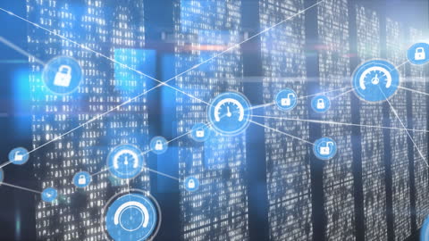 Digital Security Network Over Data Servers Illustrating Cybersecurity