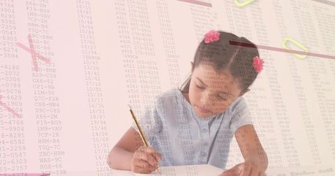 Girl concentrating while writing with spreadsheet overlay in pastel study scene at desk
