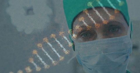 Masked Surgeon Amidst DNA Helix in Operating Room