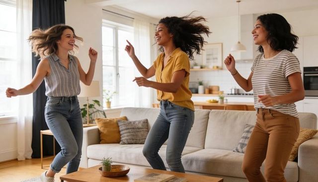 Three women dancing in bright living room celebrating friendship and home comfort