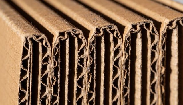 Macro close-up corrugated cardboard flutes and linerboard revealing texture and pattern