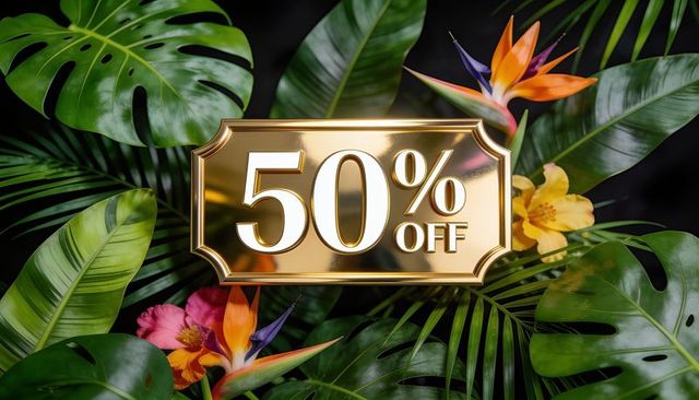 Shining gold 50% off plaque surrounded by lush monstera and bird-of-paradise foliage