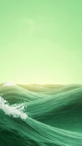 Rolling Green Ocean Waves Catching Sunrise Light, Vertical Tranquil Seascape with White Foam