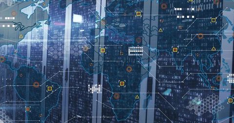 Data Center Aisle with Digital World Map Overlay Visual
