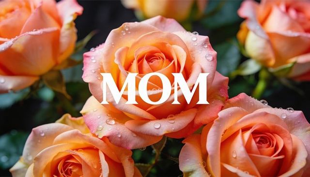 Peach roses with dew celebrating mother's day with mom typography overlay