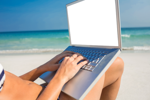 Transparent Screen Laptop on Beach Seating by Ocean - Download Free Stock Videos Pikwizard.com