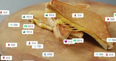 Grilled cheese sandwich with social media icons overlay