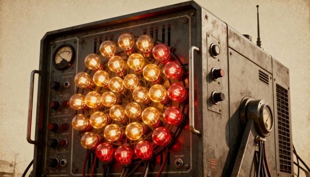 Vintage industrial control panel with circular amber and red filament bulbs, gauges and knobs
