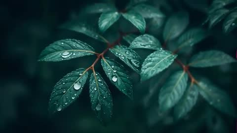 Water Droplets on Leaves after Rainfall in Shaded Garden