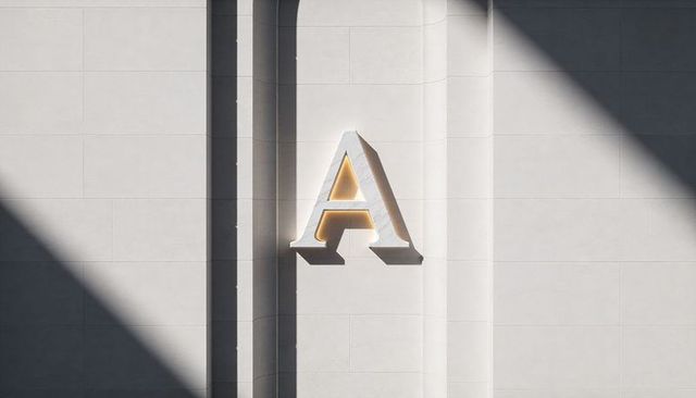 Illuminated 3d letter a casting geometric shadows on minimalist stone facade